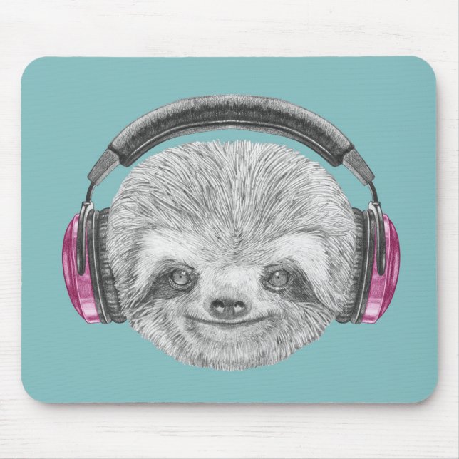 Portrait Of Sloth | Wearing Headphones Mouse Pad (Front)