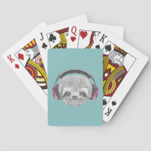 Portrait Of Sloth   Wearing Headphones Playing Cards
