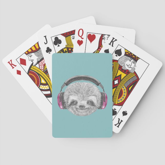 Portrait Of Sloth | Wearing Headphones Playing Cards (Back)