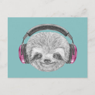 Portrait Of Sloth Wearing Headphones Postcard