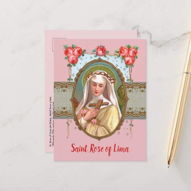 Portrait of St. Rose Draped with Roses (M 024a) Postcard (Front/Back In Situ)