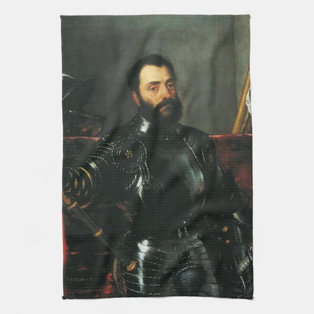 Portrait of the Duke of Urbino by Titian Tea Towel (Vertical)