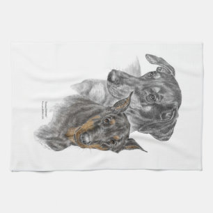 Portrait of Two Dobermans Tea Towel