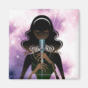 Portrait of woman holding microphone magnet