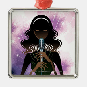 Portrait of woman holding microphone metal tree decoration