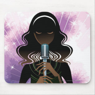 Portrait of woman holding microphone mouse pad