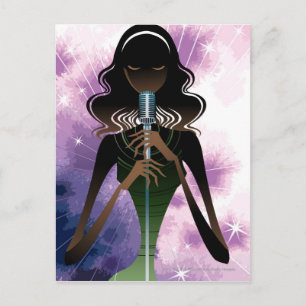 Portrait of woman holding microphone postcard