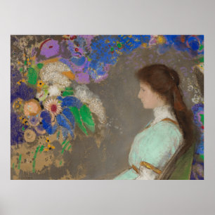 Portrait of woman with flowers by Odilon Redon Poster