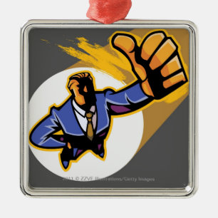 Portrait of young man showing thumbs up metal tree decoration