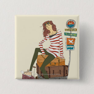 Portrait of young woman sitting on suitcase 15 cm square badge