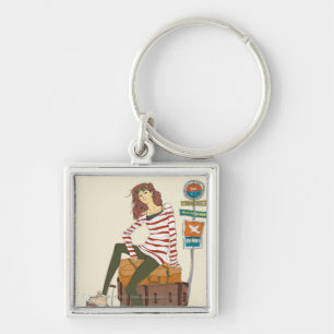 Portrait of young woman sitting on suitcase key ring