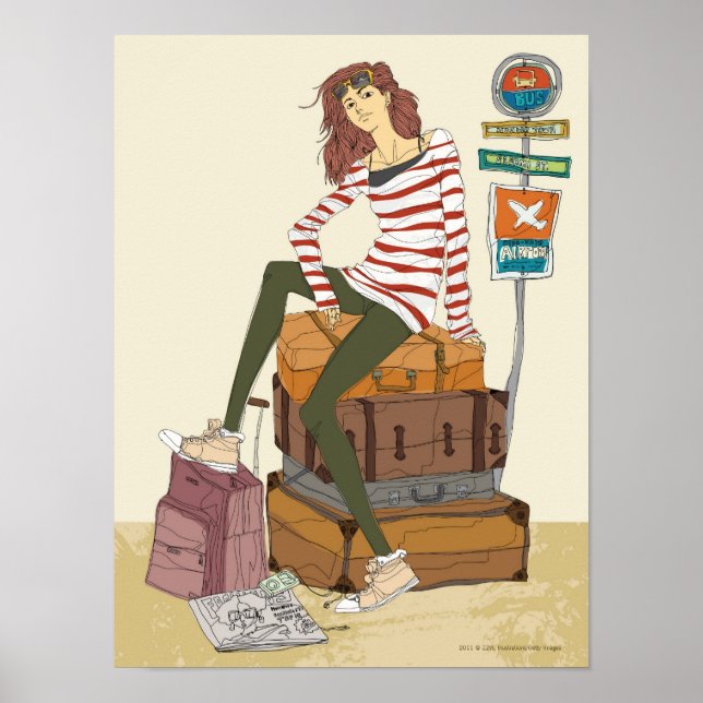 Portrait of young woman sitting on suitcase poster (Front)