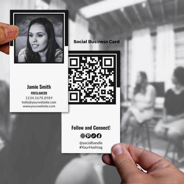 Portrait Photo Social Black & White Business Card (Professional Portrait Photo Social Black & White Business Card, Personal, QR-code)