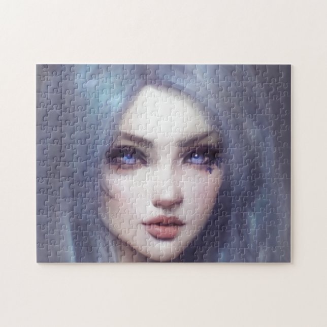 Portrait Pink Hair Blue Eyes Lips Young Woman Jigsaw Puzzle (Horizontal)