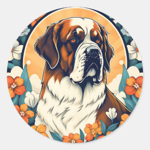 Portrait Saint Bernard Dog With Flowers Classic Round Sticker