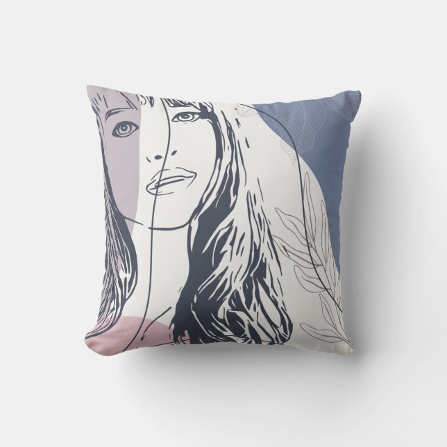 Portrait sketch, tropical plants colourful shapes  cushion (Front)