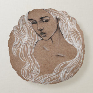 Portrait Sketch: Young Girl Illustration Round Cushion