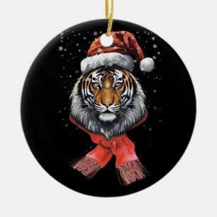 Portrait Tiger Santa Merry Christmas Wildlife Anim Ceramic Ornament