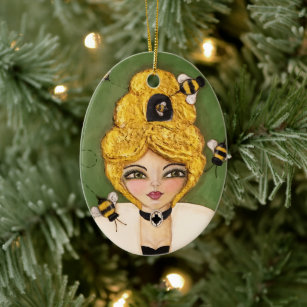 Portrait Whimsical Bee Hive Girl Woman Artistic Ceramic Tree Decoration