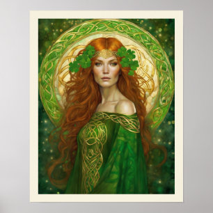 Portrait Woman Shamrock Green Gold Celtic Knot Poster