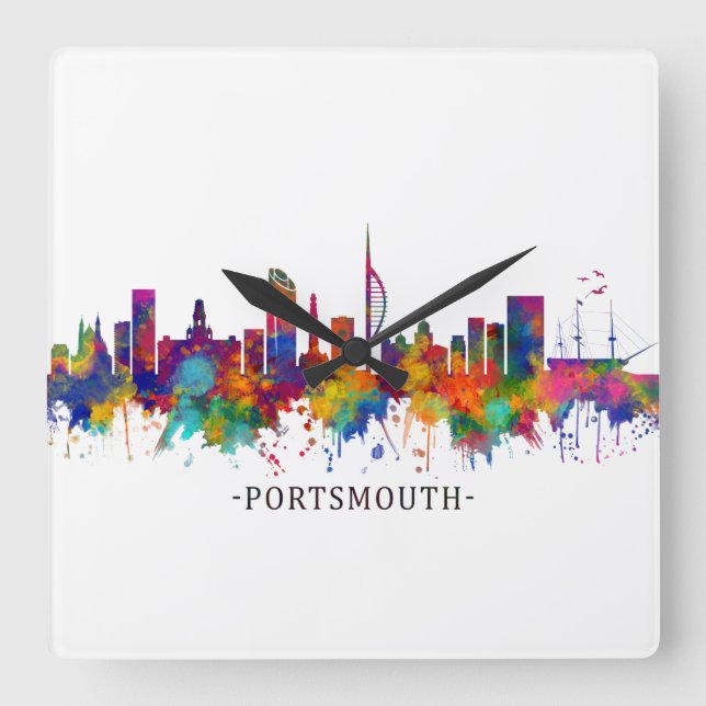 Portsmouth England Skyline Square Wall Clock (Front)