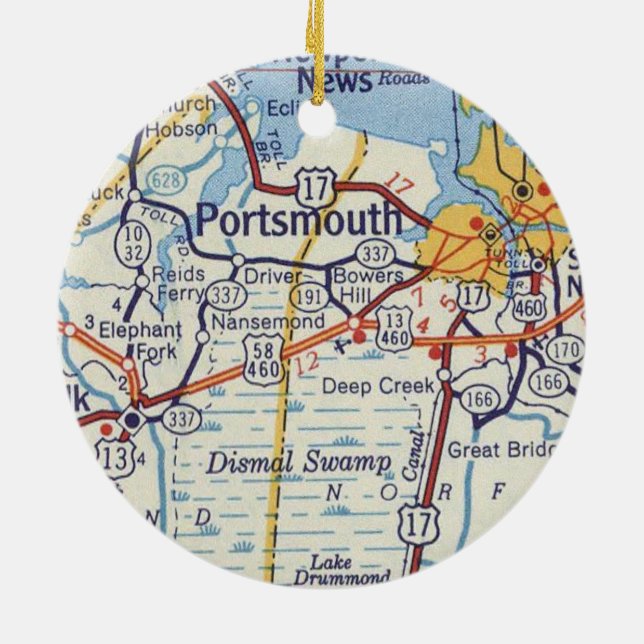 Portsmouth VA Vintage Map Ceramic Ornament (Back)