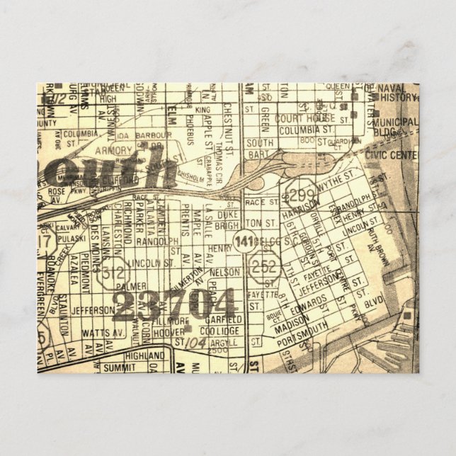 Portsmouth, VA Vintage Map Postcard (Front)