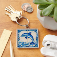 Portugal Azulejo Dolphin Ceramic Tile Style Keycha