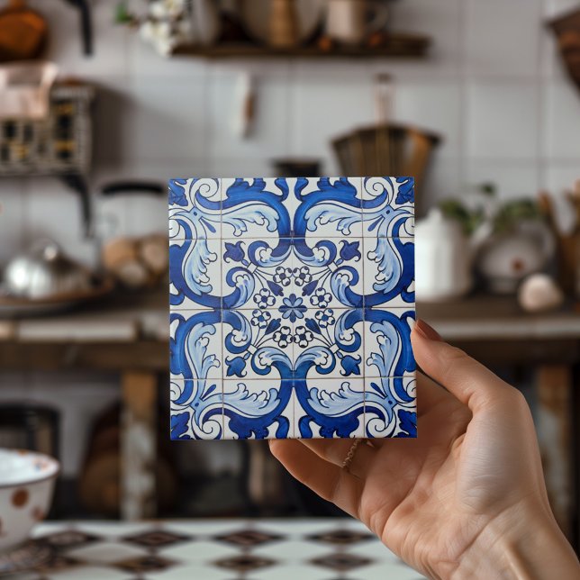 Portugal Azulejo Indigo Blue Mosaic Pattern Tile (Indigo Blue Portuguese Lisbon Azulejo Decorative Ceramic Tile Presented By A Woman's Hand)
