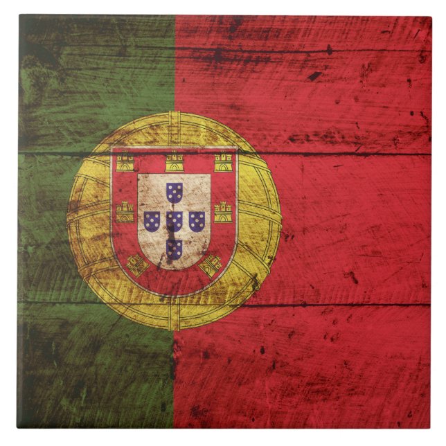 Portugal Flag on Old Wood Grain Tile (Front)