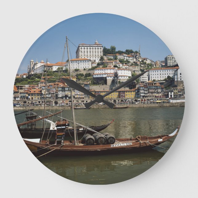 Portugal, Porto, Boat With Wine Barrels Large Clock (Front)