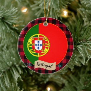 Portugal, Red buffalo plaid & Portuguese Flag Ceramic Ornament