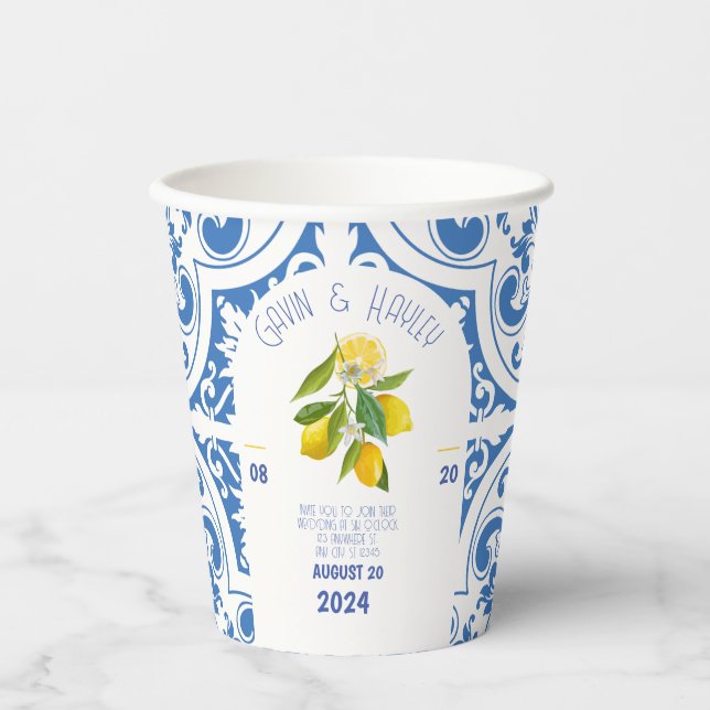 Portugal Wedding Paper Cups | Blue Tiles and Lemon (Front)