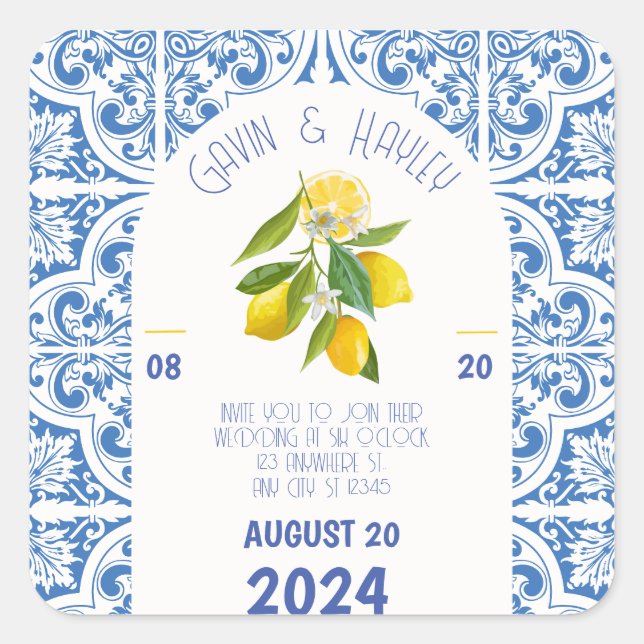 Portugal Wedding Stickers – Blue Tiles and Lemons (Front)