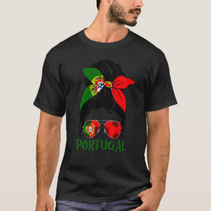 Portugese Messy Bun Glasses Girl Portugal Flag Wom T-Shirt