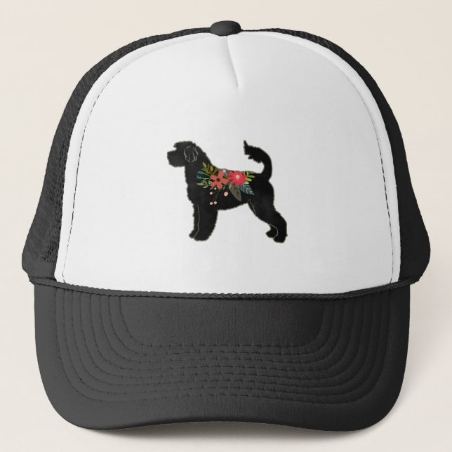 Portugese Water Dog Breed Boho Floral Silhouette Trucker Hat (Front)