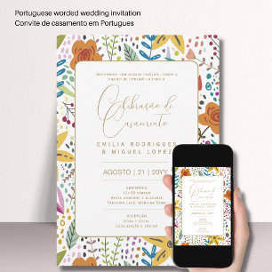 Portugeuse    Casamento  Flores Azuis Rústicas Invitation