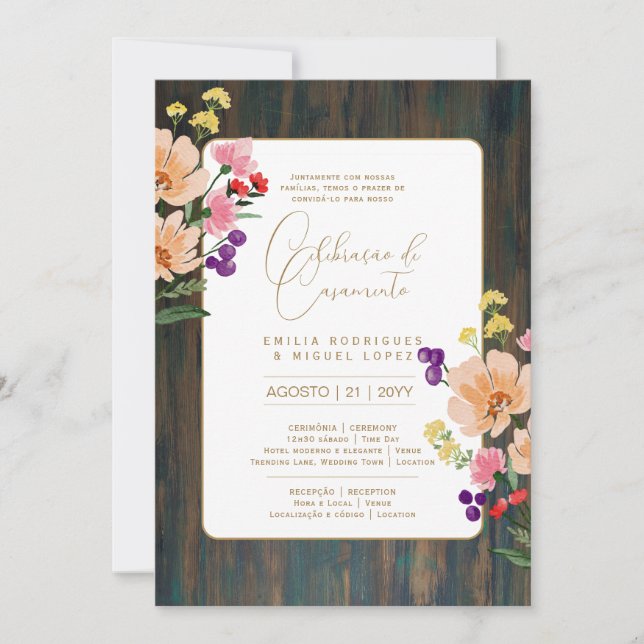 Portugeuse |  Casamento Flores Folclóricas Rústica Invitation (Front)