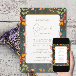 Portugeuse    Casamento Flores Folclóricas Rústica Invitation