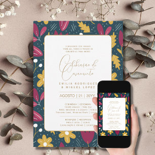 Portugeuse Casamento Flores Folclóricas Rústica Invitation