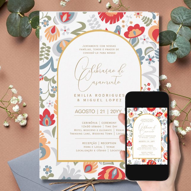 Portugeuse |  Casamento  Flores Vermelha Rústicas  Invitation (Creator Uploaded)