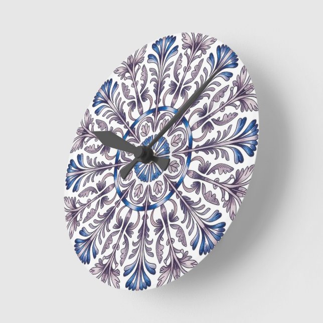 Portuguese Azulejo Blue Floral Pattern Wall Clock  (Angle)