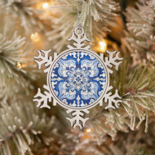 Portuguese Azulejo Glazed Tiles Family Snowflake Pewter Christmas Ornament