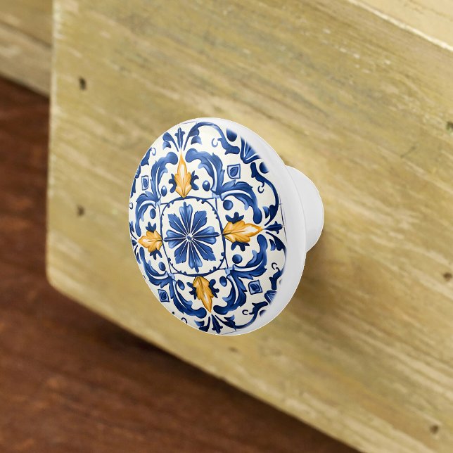 Portuguese Azulejo Pattern Blue White Yellow Ceramic Knob (Creator Uploaded)
