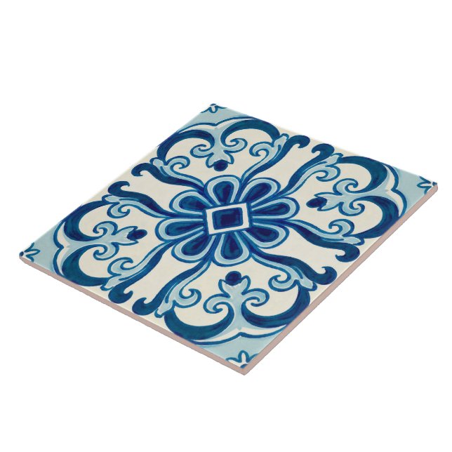Portuguese Azulejos Blue Floral Pattern  Ceramic Tile (Side)