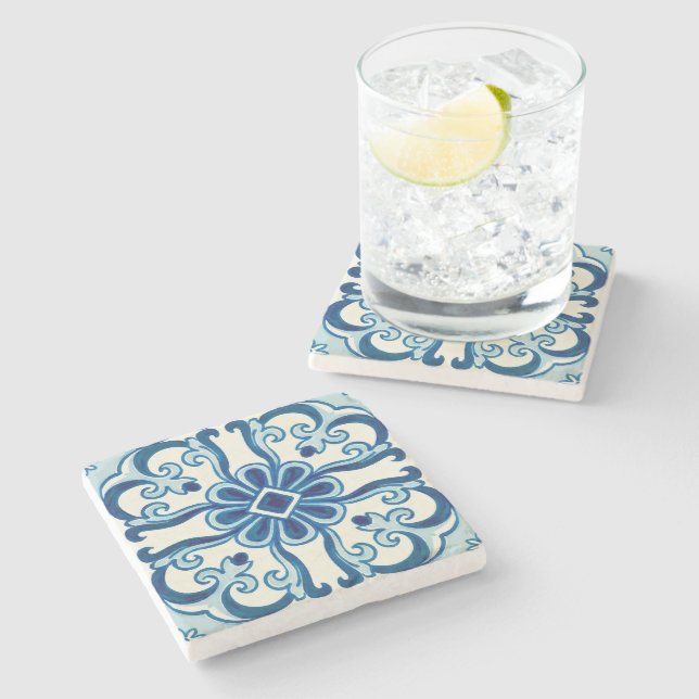 Portuguese Azulejos Blue Floral Pattern Stone Coaster (Side)