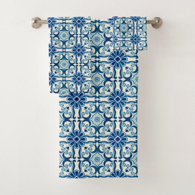 Portuguese Azulejos Blue Floral Tile Pattern Bath Towel Set (Insitu)
