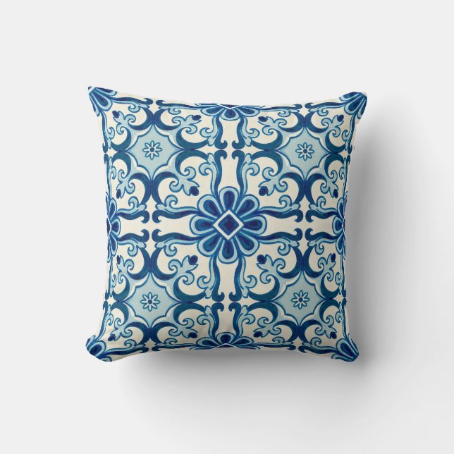 Portuguese Azulejos Blue Floral Tile Pattern  Cushion (Front)