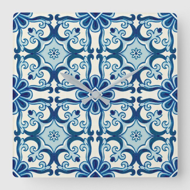 Portuguese Azulejos Blue Floral Tile Pattern Square Wall Clock (Front)