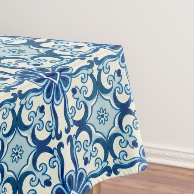 Portuguese Azulejos Blue Floral Tile Pattern Tablecloth (In Situ)